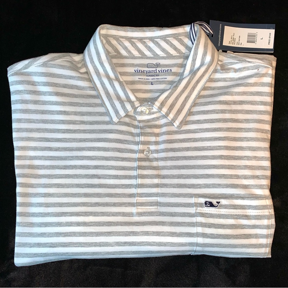 Vineyard Vines Mens Jersey Polo, Gray/White Pin Stripes 
Classic Fit L